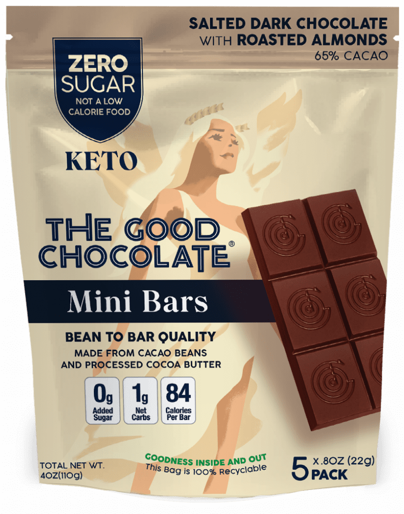 Front packet of The Good Chocolate's Salted Almonds Chocolate Mini Bar 5 Pack